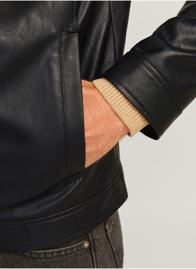 JJ Rebel by Jack & Jones Leather Look Full Zip Biker Jacket  - Image 5