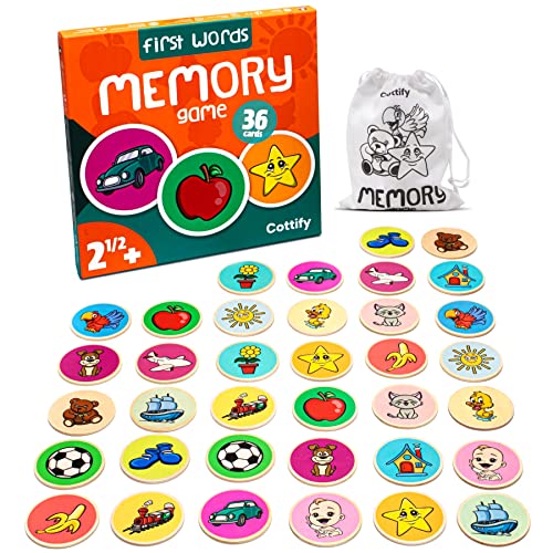 Cottify MontessoriInspired Wooden Matching Game for Toddlers 24 Years  Durable ScratchResistant 36 Card Set Includes Carry Bag  Memory Game for Toddlers 24 Years  Cognitive Verbal Skills Development - Image 1