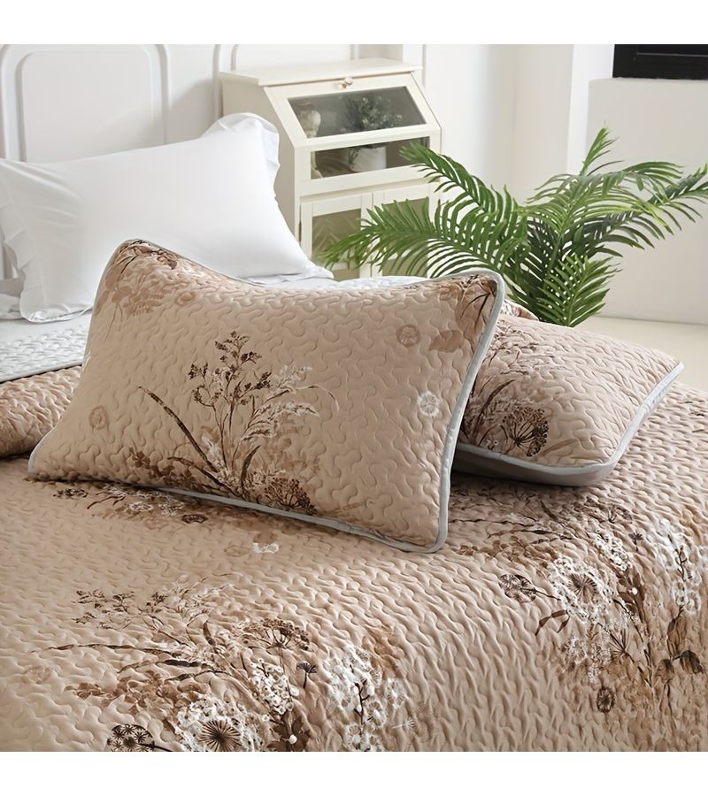3pcs Fleece Printed Quilted Bed Cover Set For Full Queen Size Bed Dandelion Pattern Khaki - Image 2