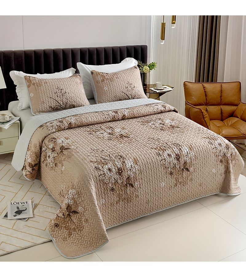 3pcs Fleece Printed Quilted Bed Cover Set For Full Queen Size Bed Dandelion Pattern Khaki - Image 1