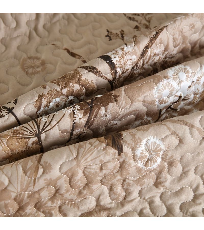 3pcs Fleece Printed Quilted Bed Cover Set For Full Queen Size Bed Dandelion Pattern Khaki - Image 5