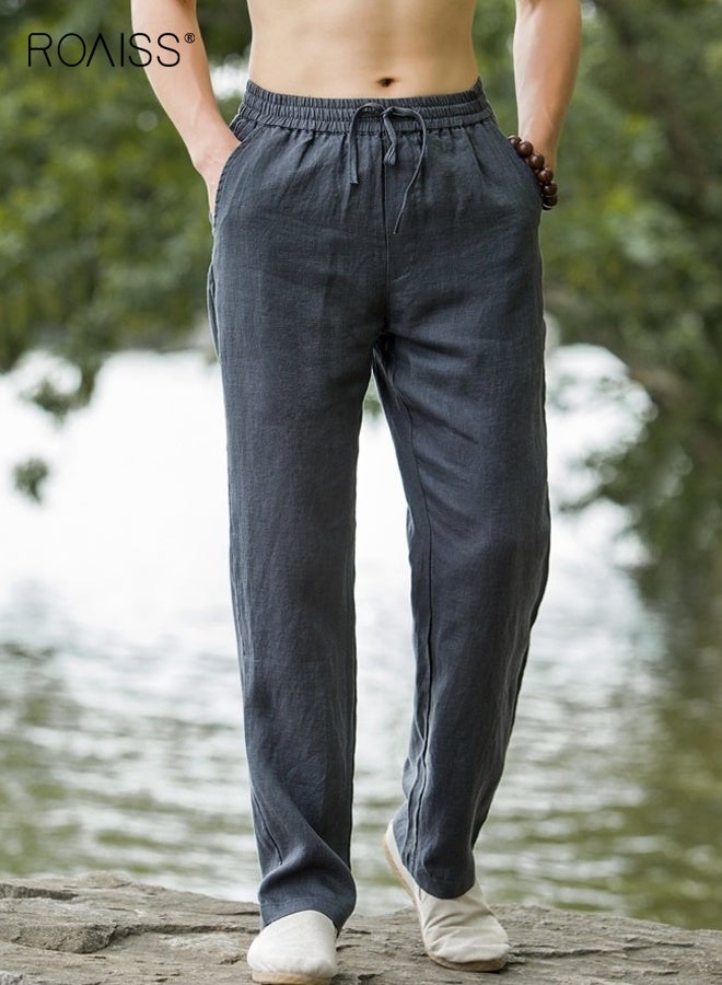 roaiss Men's Natural Linen Wide Leg Trousers Lightweight Breathable Cotton Linen Blend Pants for All Ages Loose Fit with Elastic Waist Comfort Large Size Available Trendy Casual Wear - Image 2