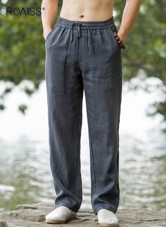 roaiss Men's Natural Linen Wide Leg Trousers Lightweight Breathable Cotton Linen Blend Pants for All Ages Loose Fit with Elastic Waist Comfort Large Size Available Trendy Casual Wear - Image 1
