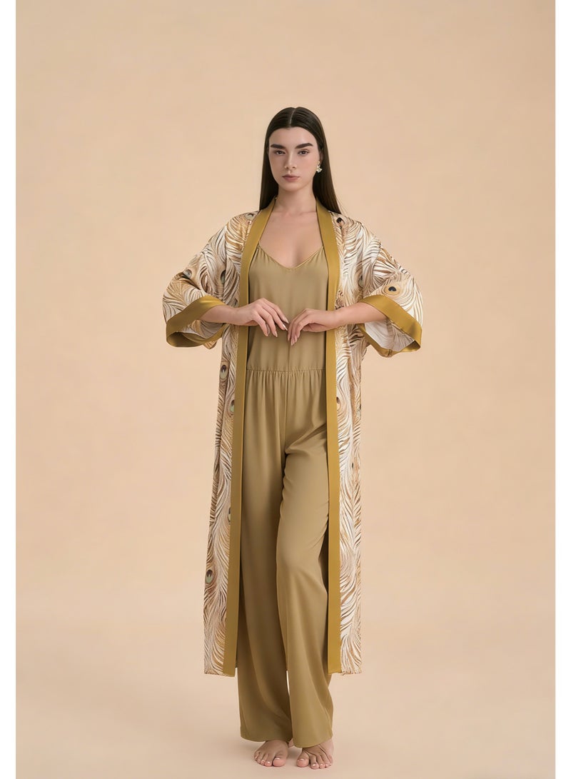Closme Luxury Silky Satin Kimono Robe Set with Jumpsuit - Golden Peacock Feather Design, Comfortable Loungewear for Night & Day - Image 1
