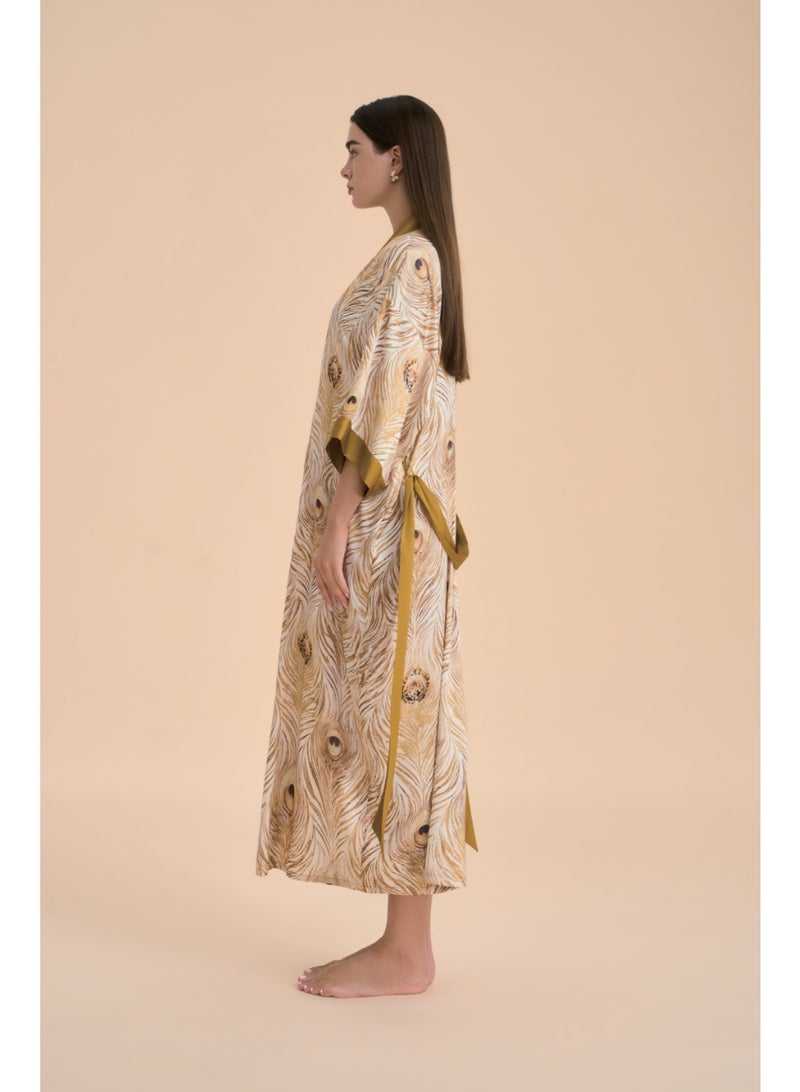 Closme Luxury Silky Satin Kimono Robe Set with Jumpsuit - Golden Peacock Feather Design, Comfortable Loungewear for Night & Day - Image 2