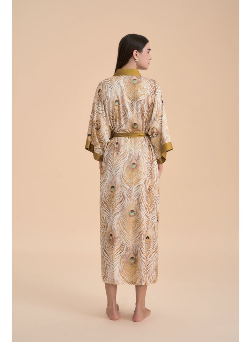 Closme Luxury Silky Satin Kimono Robe Set with Jumpsuit - Golden Peacock Feather Design, Comfortable Loungewear for Night & Day - Image 3
