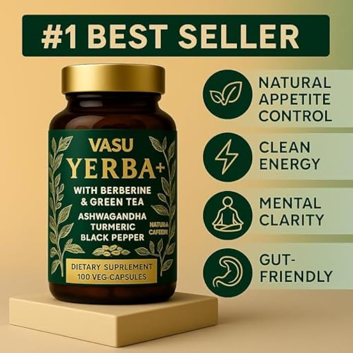 Vasu Yerba+ Yerba Mate Capsules – 9 in 1 Blend with Barberry & Green Tea | with Ashwagandha, Amla, Turmeric & Ginger | Herbal Supplement for Clean Energy, Focus & Digestive Support – 100 Vegan Capsules - Image 3