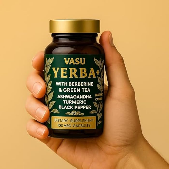 Vasu Yerba+ Yerba Mate Capsules – 9 in 1 Blend with Barberry & Green Tea | with Ashwagandha, Amla, Turmeric & Ginger | Herbal Supplement for Clean Energy, Focus & Digestive Support – 100 Vegan Capsules - Image 1
