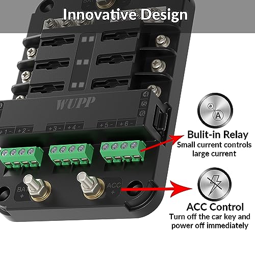 WUPP 12V Fuse Block with Relay, Automotive 6 Circuits Fuse Box with Acc Interface, Universal Fuse Block and Relay Kit for Cars Trucks Marine Boat - Image 4