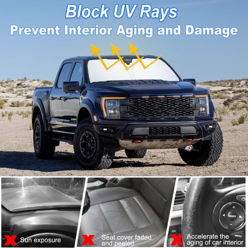 PIMCAR غطاء شمس لزجاج السيارة PIMCAR لفورد F150 2021-2026 | حماية ممتازة من الأشعة فوق البنفسجية والحرارة 310T عاكسة | غطاء شمس قابل للطي مع حقيبة تخزين، واقي لوحة القيادة - Image 2
