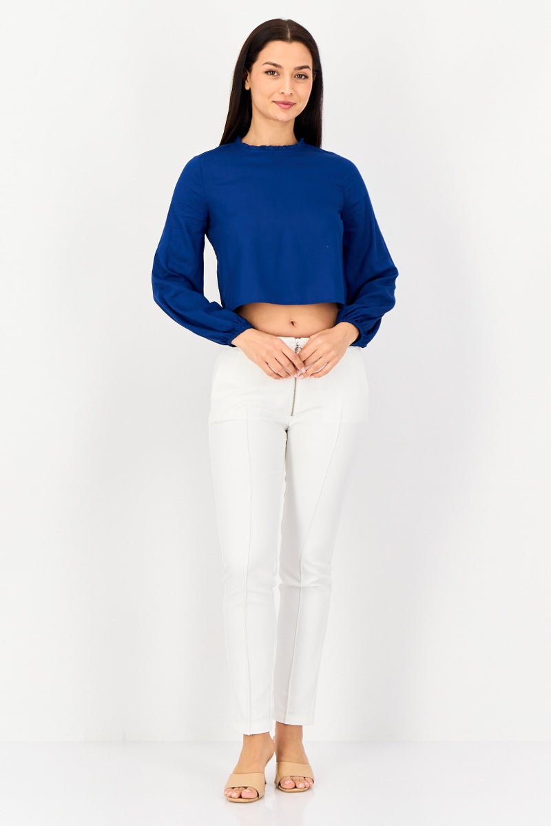 VERO MODA تي شيرت نسائي بأكمام طويلة وياقة خس من فيرو مودا، أزرق داكن - Image 2