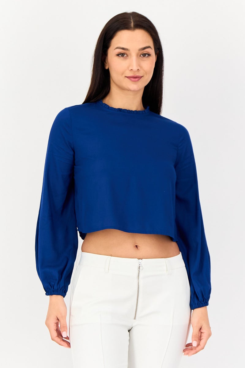 VERO MODA تي شيرت نسائي بأكمام طويلة وياقة خس من فيرو مودا، أزرق داكن - Image 1