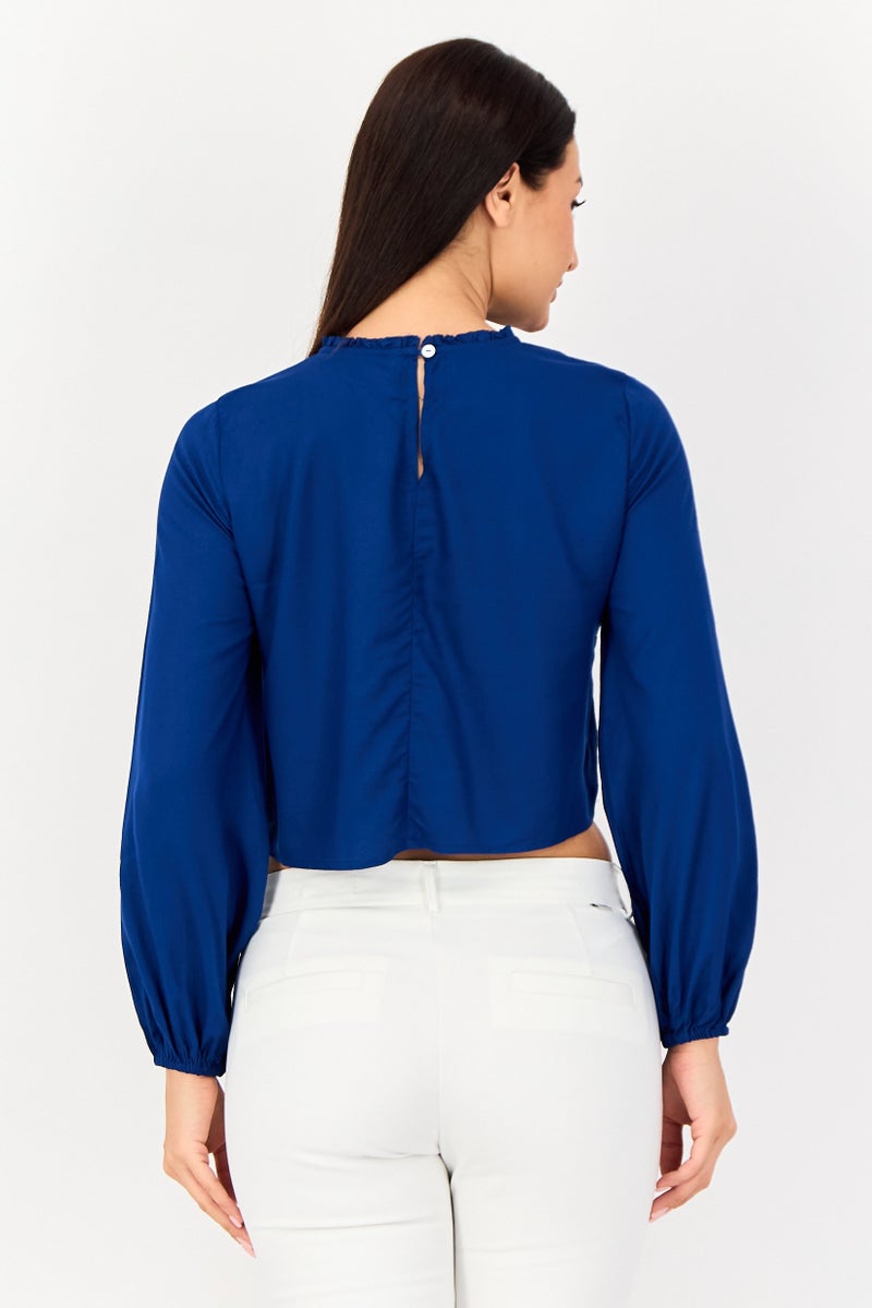 VERO MODA تي شيرت نسائي بأكمام طويلة وياقة خس من فيرو مودا، أزرق داكن - Image 4