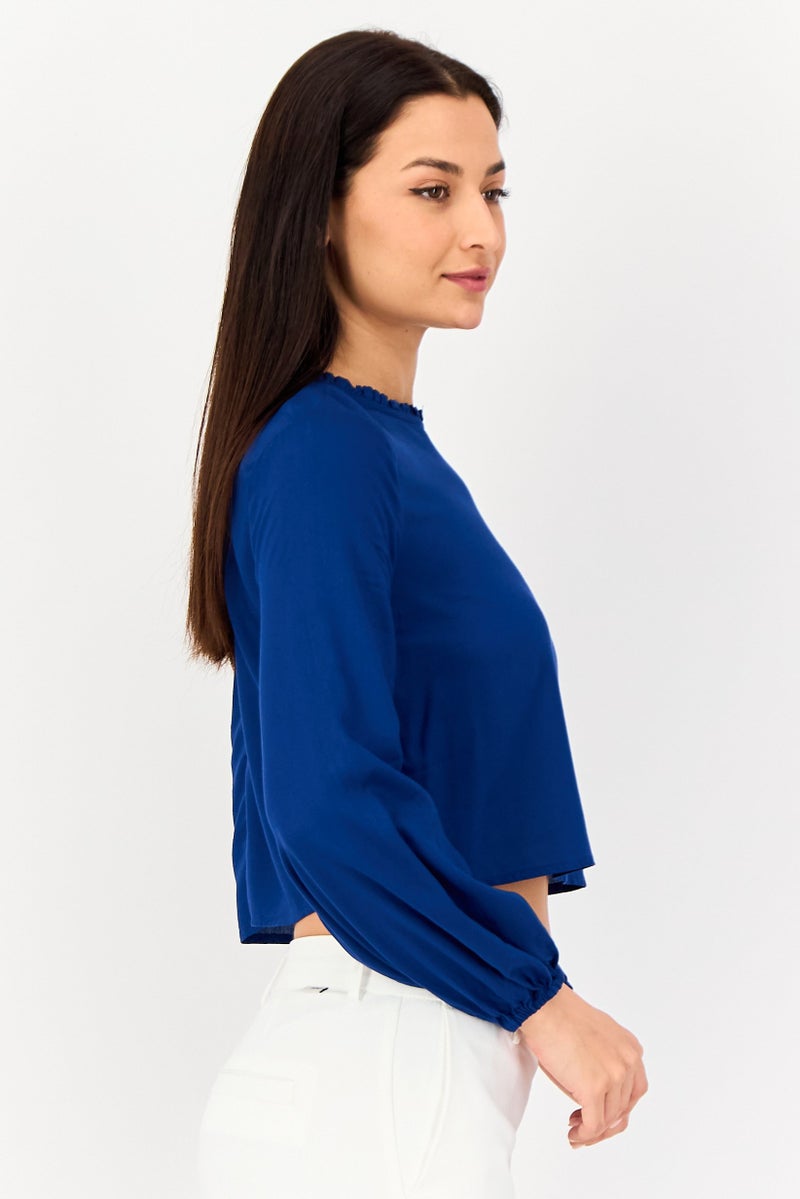 VERO MODA تي شيرت نسائي بأكمام طويلة وياقة خس من فيرو مودا، أزرق داكن - Image 3