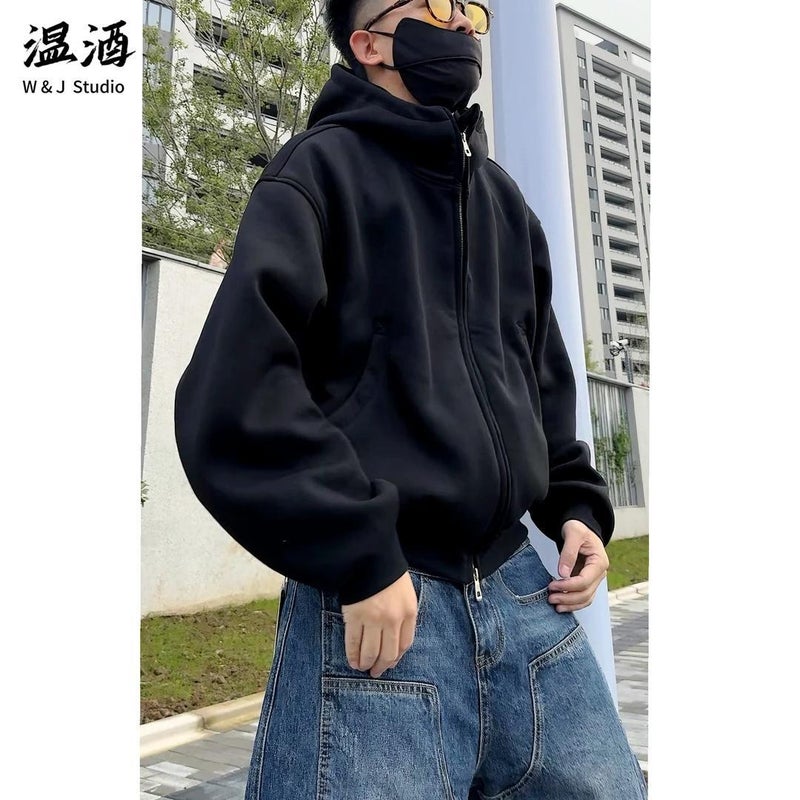 400g Heavy Wide Half-High Collar Hooded Sweatshirt Men's Fall/Winter Profile cleanfit Short Wide Double Zipper Jacket - Image 1