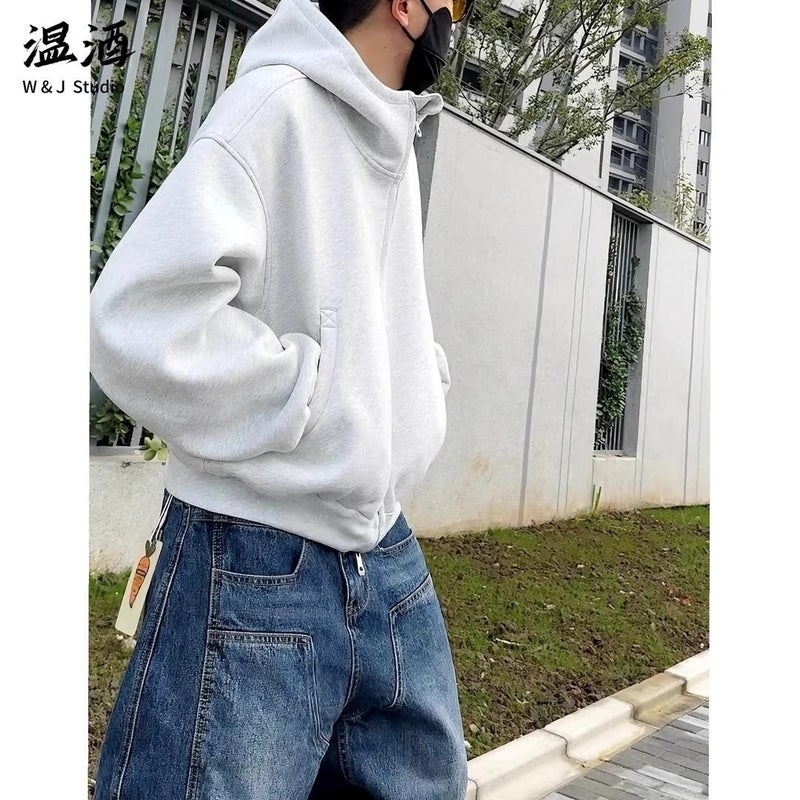 400g Heavy Wide Half-High Collar Hooded Sweatshirt Men's Fall/Winter Profile cleanfit Short Wide Double Zipper Jacket - Image 5