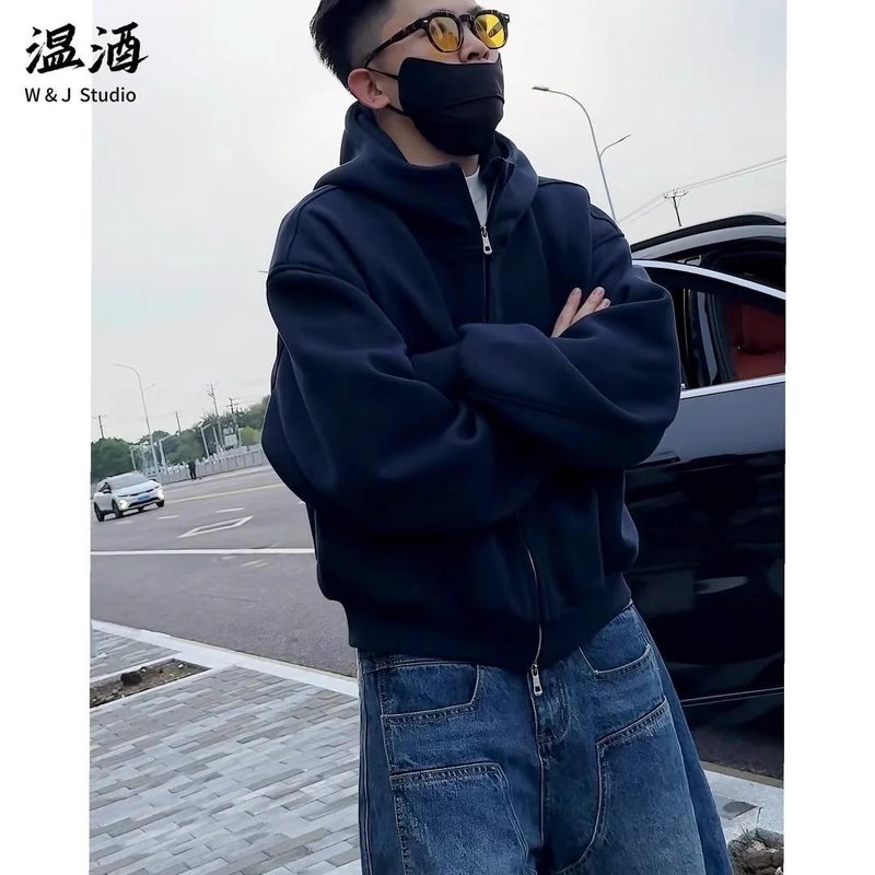 400g Heavy Wide Half-High Collar Hooded Sweatshirt Men's Fall/Winter Profile cleanfit Short Wide Double Zipper Jacket - Image 2