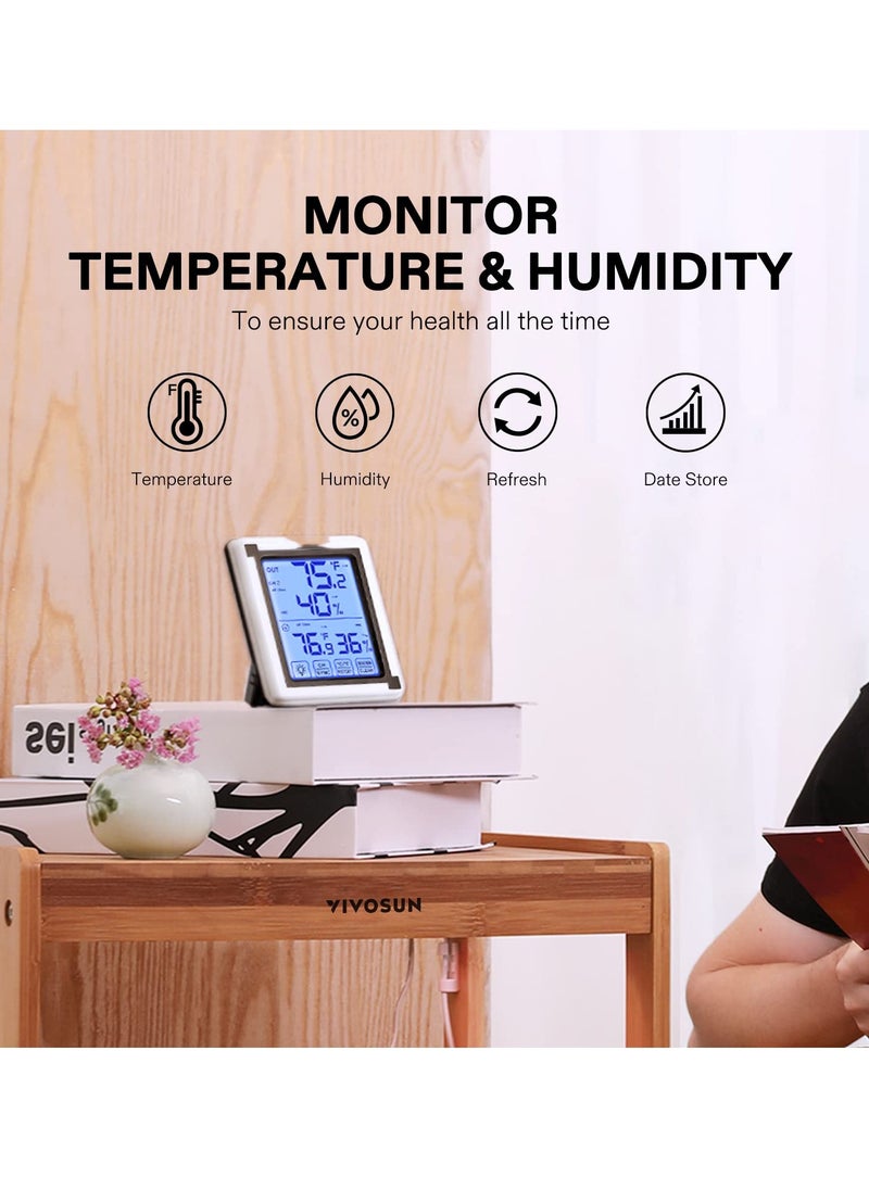 Indoor Outdoor Thermometer, Digital Thermometer and Hygrometer with 3 Remote Sensors, Touch Wireless Digital Hygrograph, Temperature and Humidity Monitor Indoor Outdoor Weather Clock