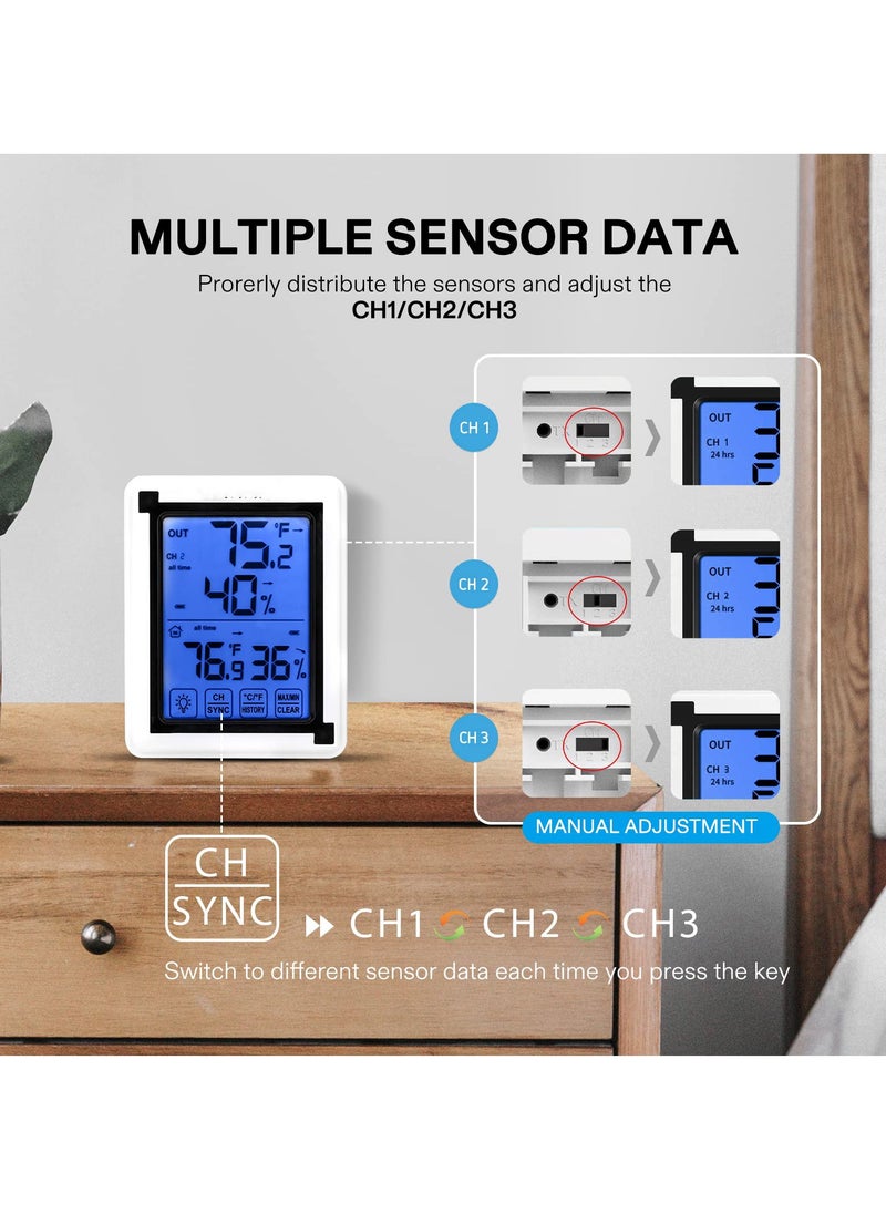 Indoor Outdoor Thermometer, Digital Thermometer and Hygrometer with 3 Remote Sensors, Touch Wireless Digital Hygrograph, Temperature and Humidity Monitor Indoor Outdoor Weather Clock