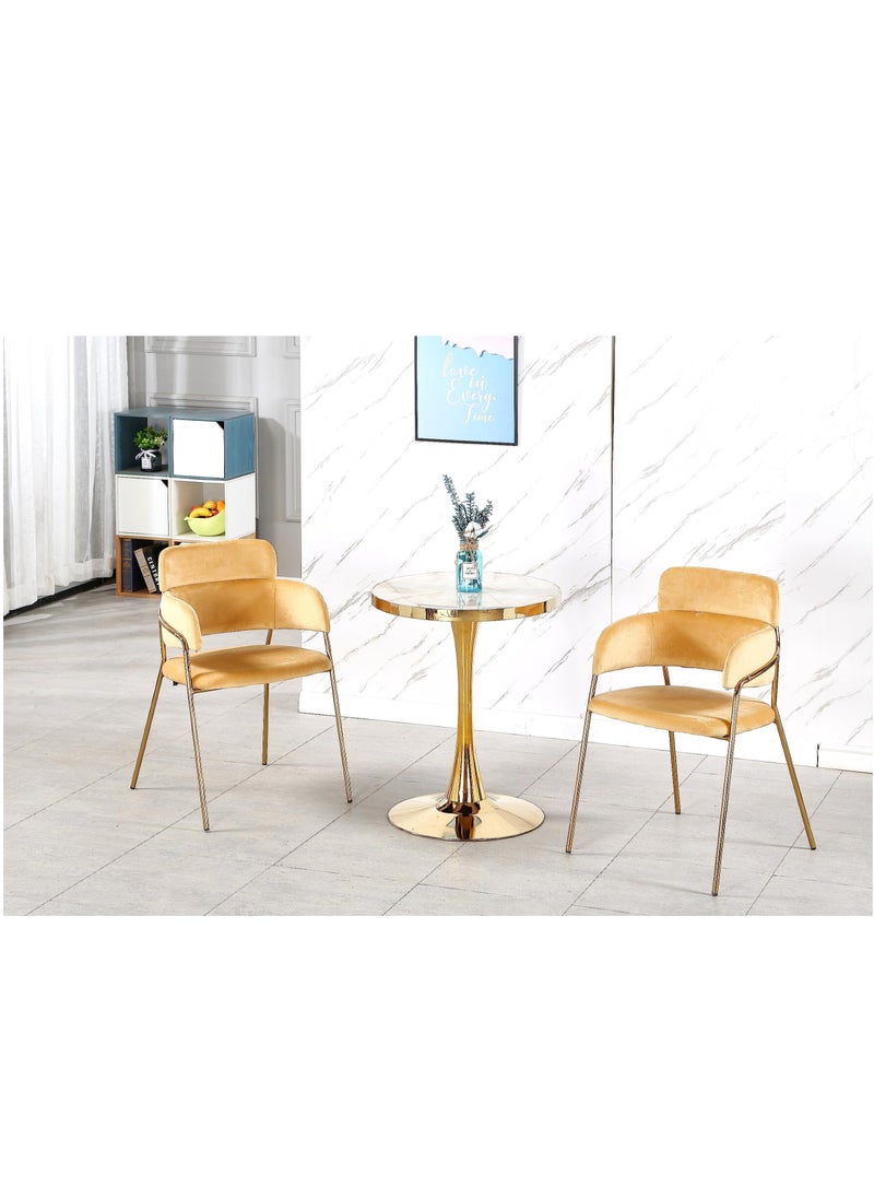 KARNAK Round Dining Table Set, Modern Davos Gold Frame Dinner Breakfast Table + 2 Dining Chairs for Kitchen and Dining Room 