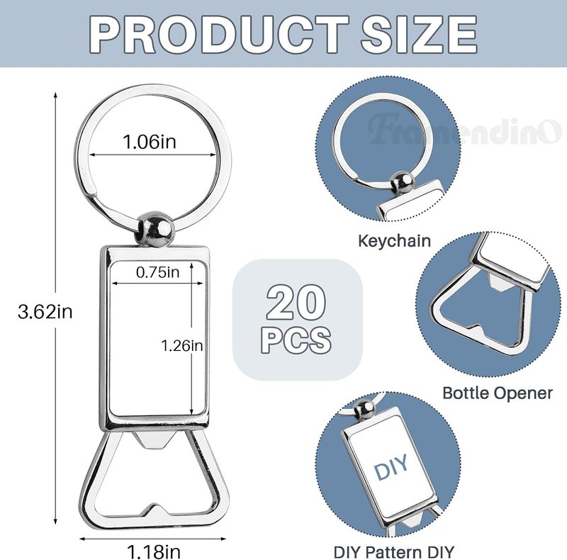 Framendino, 20 Pack Sublimation Blank Keychains Metal Bottle Opener Transfer Rectangle Aluminum Keychain Key Rings for DIY Custom Personalized Sublimation Photo - Image 2