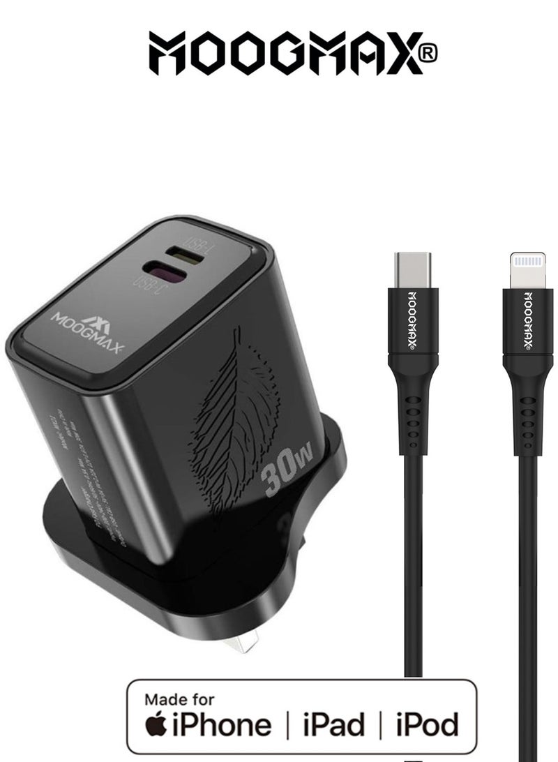 موجماكس راس شاحن بمنفذ تايب سي ولايتنينج (ايفون). كبس شاحن مع كيبل لايتنينج (ايفون) معتمد MFI. شاحن جداري سريع بقوة 30 واط. شاحن ايفون معتمد من ابل MFI. شاحن سريع صديق للبيئة يمكنك من استخدام كيبل الشحن لهواتف التي تدعم التايب سي وللهواتف التي تدعم اللايتنينج. - Image 1