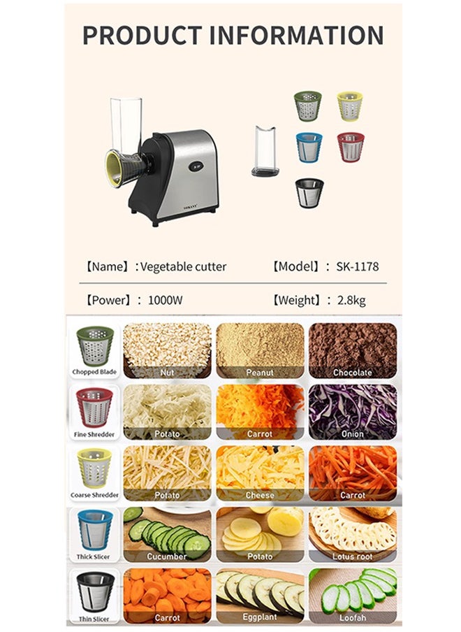 sokany - Electric Cheese Grater, 1000W Electric Slicer Chopper, Multi Grater, Fruit Cutter, Vegetable Slicer, Shredder, Food Processor with 5 Blades Set SK-1178 Black - Image 1
