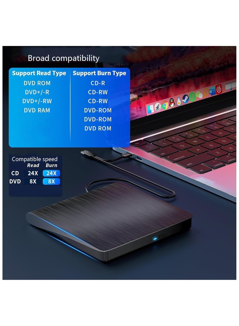 NNEWVANTE محرك أقراص DVD خارجي متوافق مع قراءة أقراص DVD و CD، مناسب لمنفذ USB3.0 و Type-C، ويندوز XP/7/8/10/11 وماك أو إس، صامت وعالي السرعة - Image 3