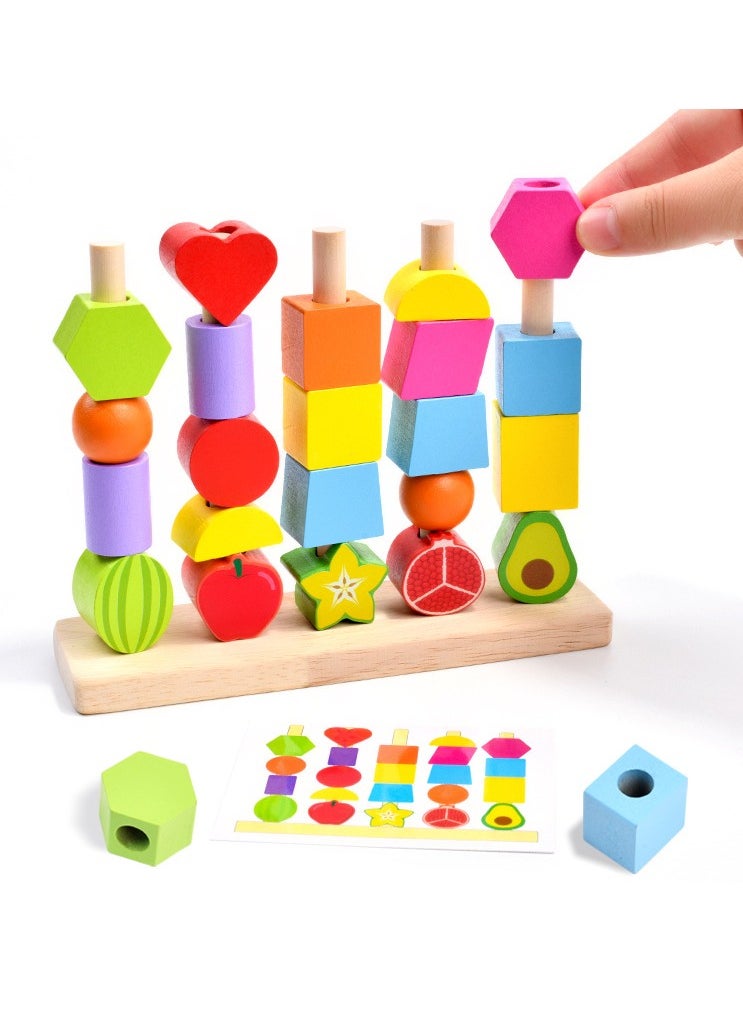 Montessori Toys Educational Puzzles Wooden Sorting Stacking Blocks Pattern Sequencing 2 3 4 5 Year Olds Motor Skills Development Cognitive for Preschool Shape Size Color Colour Recognition Intelligent ​Block Column Tower Classic Stacker ​Builder Lacing Strings Birthday Gifts Boys Girls Toddlers Preschoolers Kids Nursery School Party Favors