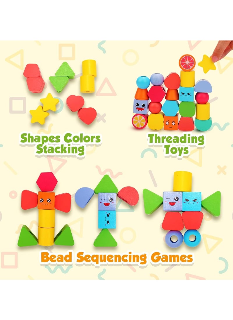 Montessori Toys Educational Puzzles Wooden Sorting Stacking Blocks Pattern Sequencing 2 3 4 5 Year Olds Motor Skills Development Cognitive for Preschool Shape Size Color Colour Recognition Intelligent ​Block Column Tower Classic Stacker ​Builder Lacing Strings Birthday Gifts Boys Girls Toddlers Preschoolers Kids Nursery School Party Favors