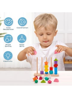 VIO Montessori Toys Educational Puzzles Wooden Sorting Stacking Blocks Pattern Sequencing 2 3 4 5 Year Olds Motor Skills Development Cognitive for Preschool Shape Size Color Colour Recognition Intelligent ​Block Column Tower Classic Stacker ​Builder Lacing Strings Birthday Gifts Boys Girls Toddlers Preschoolers Kids Nursery School Party Favors  - Image 3