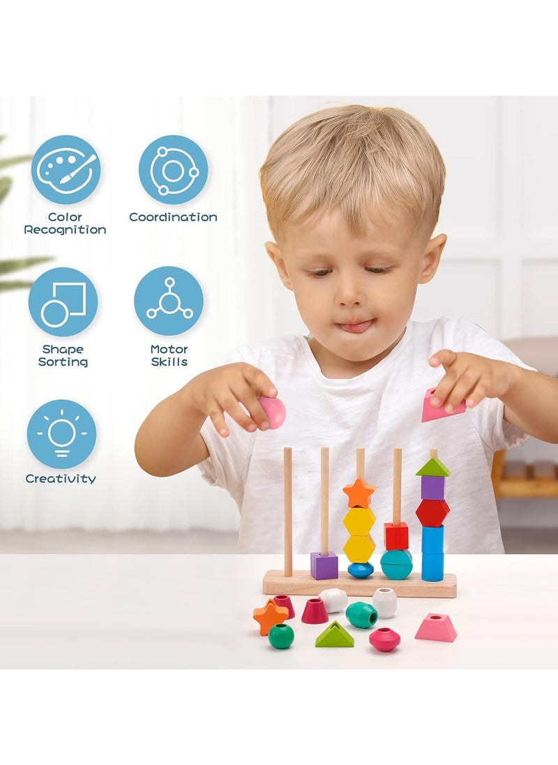 VIO Montessori Toys Educational Puzzles Wooden Sorting Stacking Blocks Pattern Sequencing 2 3 4 5 Year Olds Motor Skills Development Cognitive for Preschool Shape Size Color Colour Recognition Intelligent ​Block Column Tower Classic Stacker ​Builder Lacing Strings Birthday Gifts Boys Girls Toddlers Preschoolers Kids Nursery School Party Favors  - Image 3