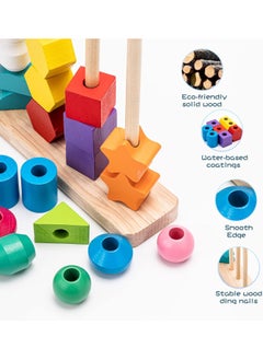 VIO Montessori Toys Educational Puzzles Wooden Sorting Stacking Blocks Pattern Sequencing 2 3 4 5 Year Olds Motor Skills Development Cognitive for Preschool Shape Size Color Colour Recognition Intelligent ​Block Column Tower Classic Stacker ​Builder Lacing Strings Birthday Gifts Boys Girls Toddlers Preschoolers Kids Nursery School Party Favors  - Image 4