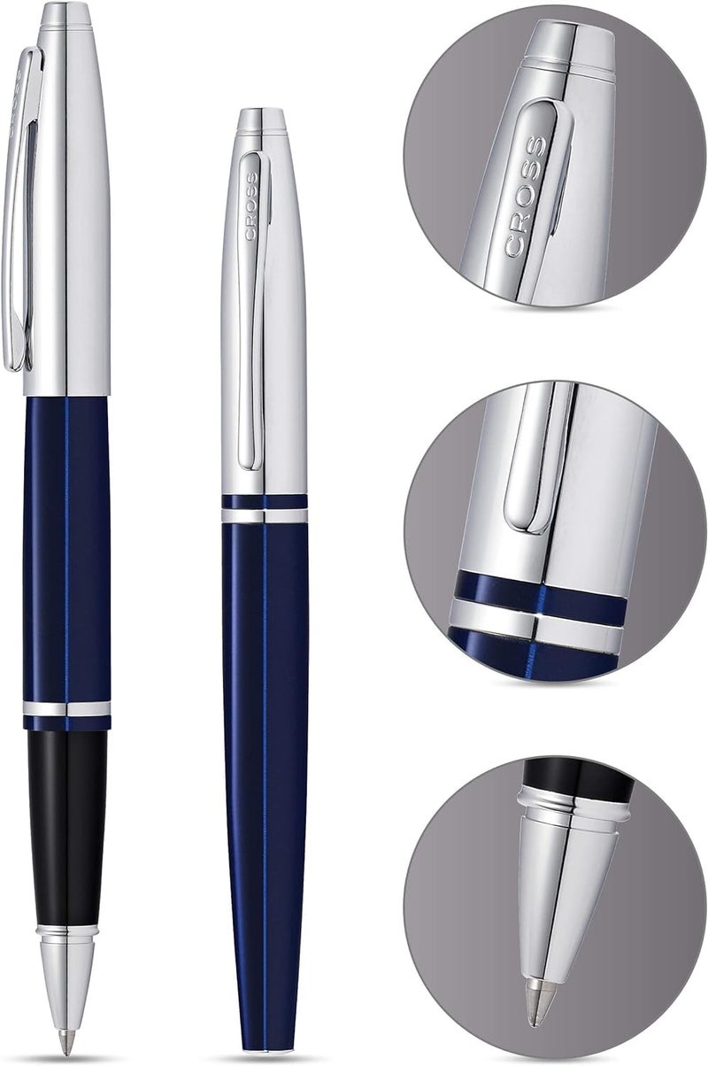 Cross Calais Refillable Rollerball Pen Presented in a Luxury Gift Box - Medium Point, Black Ink, Chrome & Blue - Image 2