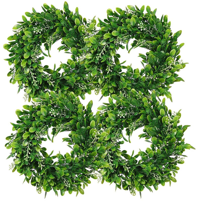 LSKYTOP 4 Pcs Boxwood Wreath Round Wreath Artificial Wreath Green Leaves Wreath Door Wall Window Decoration11InchPC