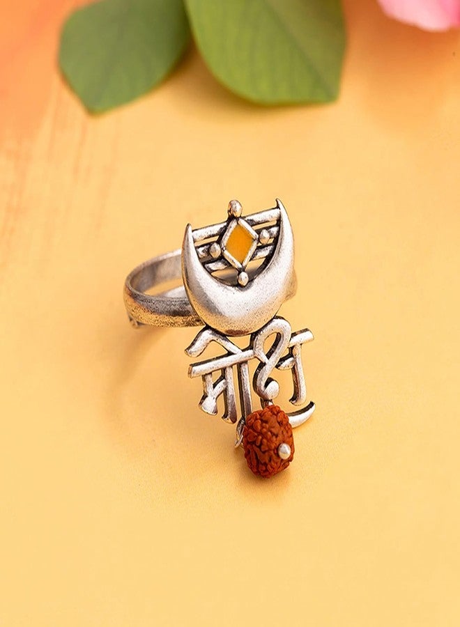 VOYLLA Oxidised Silver Stylish Brass Enamel Aham Brahmasmi Moksh Inscription Ring for Women and Girls - Image 2