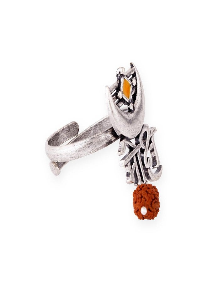 VOYLLA Oxidised Silver Stylish Brass Enamel Aham Brahmasmi Moksh Inscription Ring for Women and Girls - Image 1