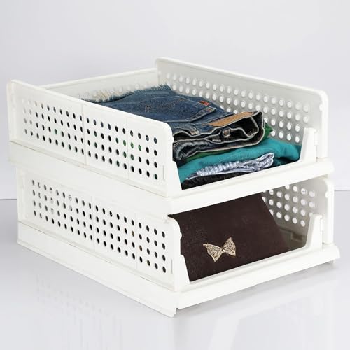 JEYANG Multipurpose Foldable Stackable Wardrobe Organizer for Clothes - Plastic Closet Storage for Kitchen, and Bathroom (Pack of 2, White) - Image 1