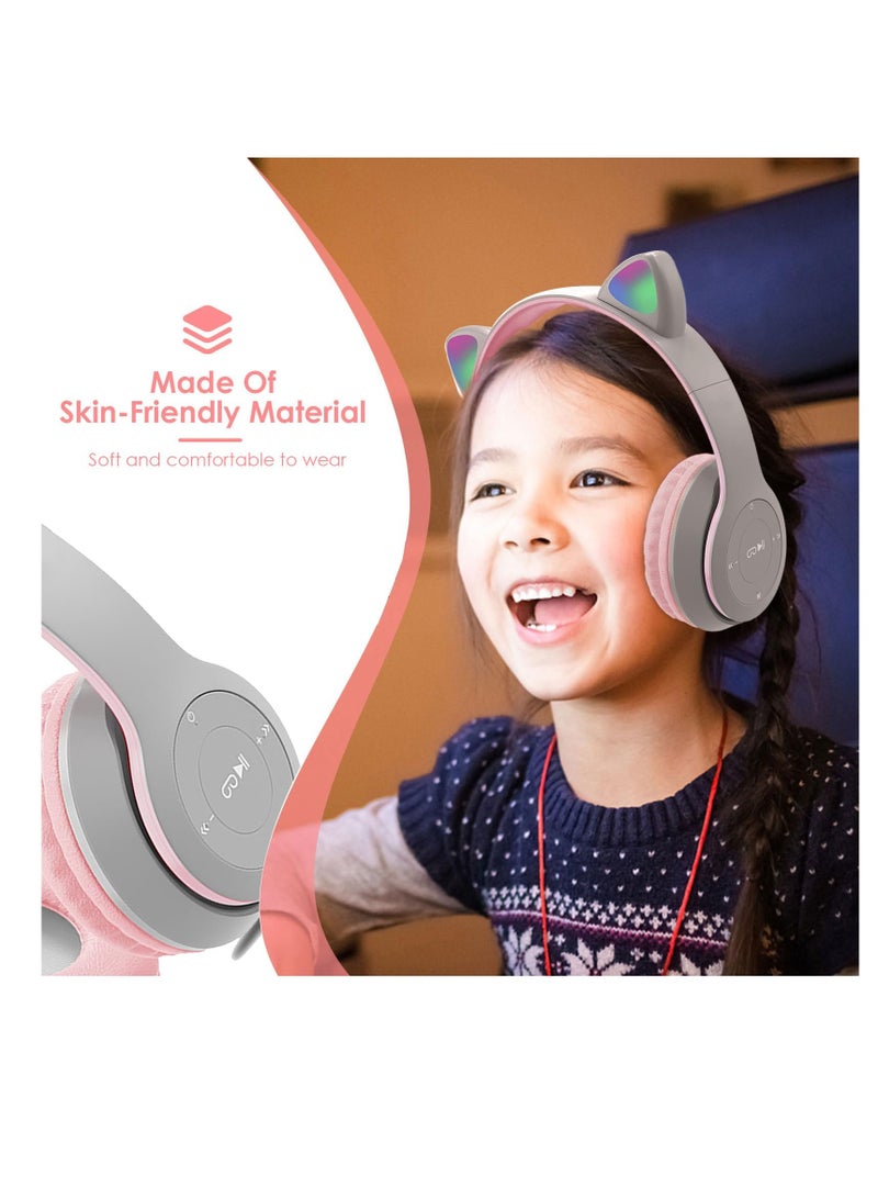 Excefore Kids Bluetooth Headphones with LED Cat Ears, Wireless Wired Mode, 40mm Driver Unit, Foldable Stereo Over Ear Headphones with Mic, Bluetooth 5.0 Girls Headphones for Smartphones, PC, iPad, Gray Pink  - Image 4