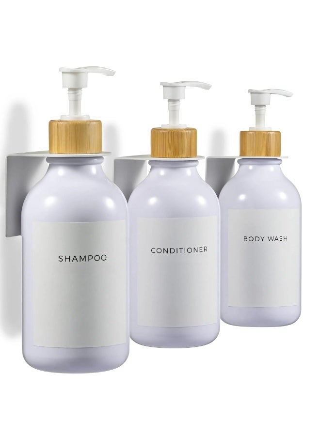 Shampoo and Conditioner Dispenser, 3 x 500ml Dispensers for The Shower, Shampoo Conditioner Body Wash Dispenser Wall Mount for Bathroom(White Bamboo)  - Image 1