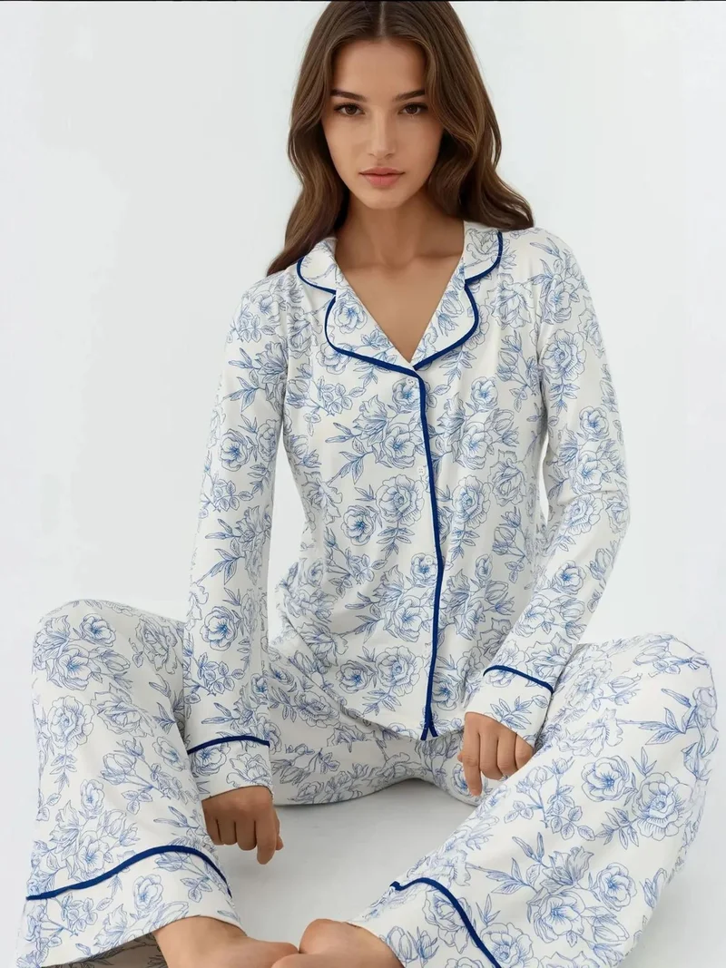 HICCUP Flower Print Long Sleeve Extra Soft Touch Loungewear Pajama Set with Shirt Collar