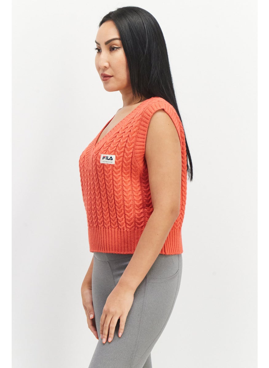 FILA - Women Sportswear Fit Brand Logo Knitted Sleeveless Crop Vest, Red - Image 1