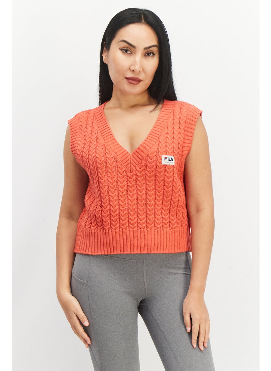 FILA - Women Sportswear Fit Brand Logo Knitted Sleeveless Crop Vest, Red - Image 1