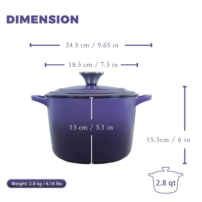 Flavehc Dutch Oven Pot with Lid 2.8 qt Cast Iron Dutch Oven for Bread Baking Purple Enameled Cast Iron Rice Pot with Handels - Image 4