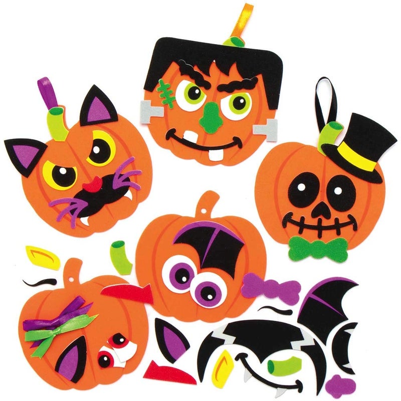 Baker Ross AX254 Halloween Pumpkin Decoration Set - Pack of 8, Foam Pumpkins with Funny Face Stickers for Crafts for Kids - Image 1