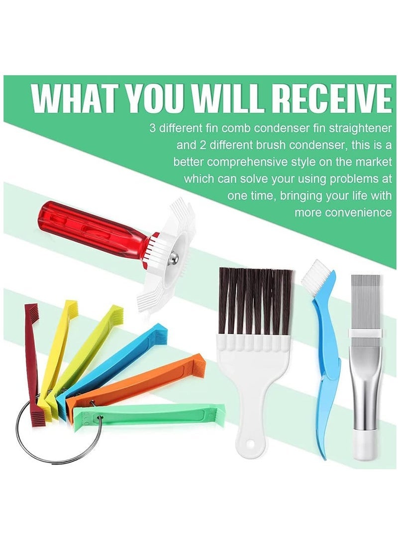 Air Conditioner Fin Cleaner Set, 3 Different Fin Comb Condenser Fin Straightener and 2 Different Brush Condenser, Radiator Repair Clean Tool Set, Air Conditioning Cleaning Tools