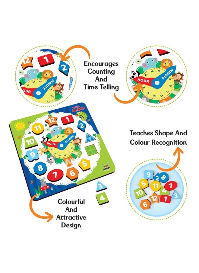 Webby Wooden Early Educational Teaching Clock Time & Shapes Sorting Wooden Clock For Kids Learning Toy For Kids 12 Pcs  - Image 2