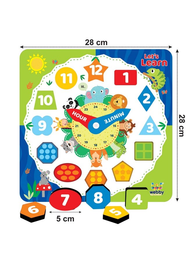Webby Wooden Early Educational Teaching Clock Time & Shapes Sorting Wooden Clock For Kids Learning Toy For Kids 12 Pcs  - Image 3