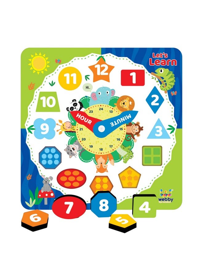Webby Wooden Early Educational Teaching Clock Time & Shapes Sorting Wooden Clock For Kids Learning Toy For Kids 12 Pcs  - Image 1