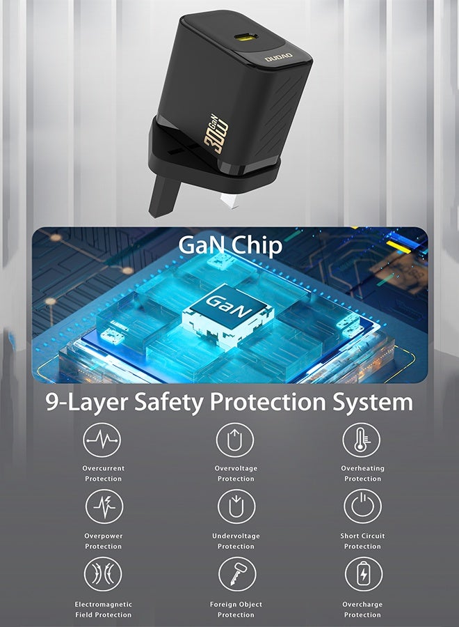 دوداو شاحن سريع بقوة 30 واط بتقنية GaN مع منفذ USB-C، شاحن جداري بتقنية PD مزود بنظام حماية مكون من 9 طبقات، تحكم ذكي في درجة الحرارة لتقليل الحرارة، متوافق مع آيفون، سامسونج، هواوي، شاومي والمزيد. - Image 5